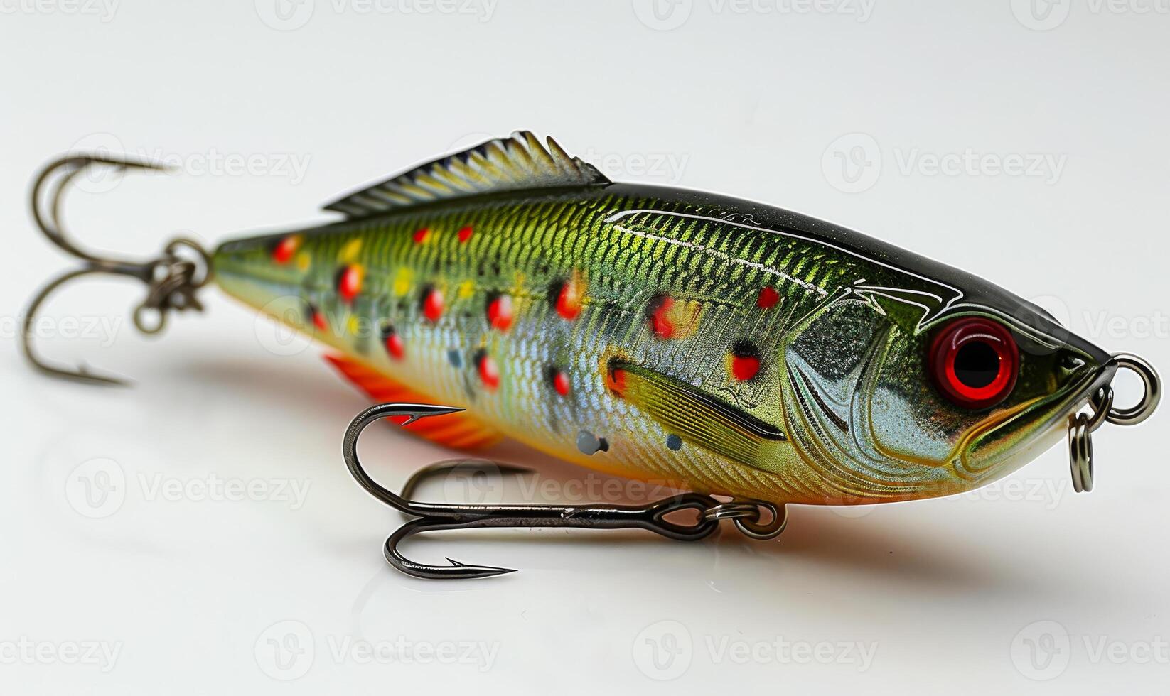 Bright lure on plain backdrop. A vibrant fishing lure showcasing bright colors and realistic details, designed for attracting fish during angling. photo