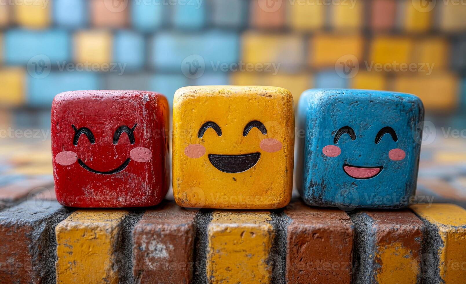 Vibrant happy color blocks. Three cheerful blocks in red, yellow, and blue sit on a colorful tiled background, radiating joy and playfulness. photo
