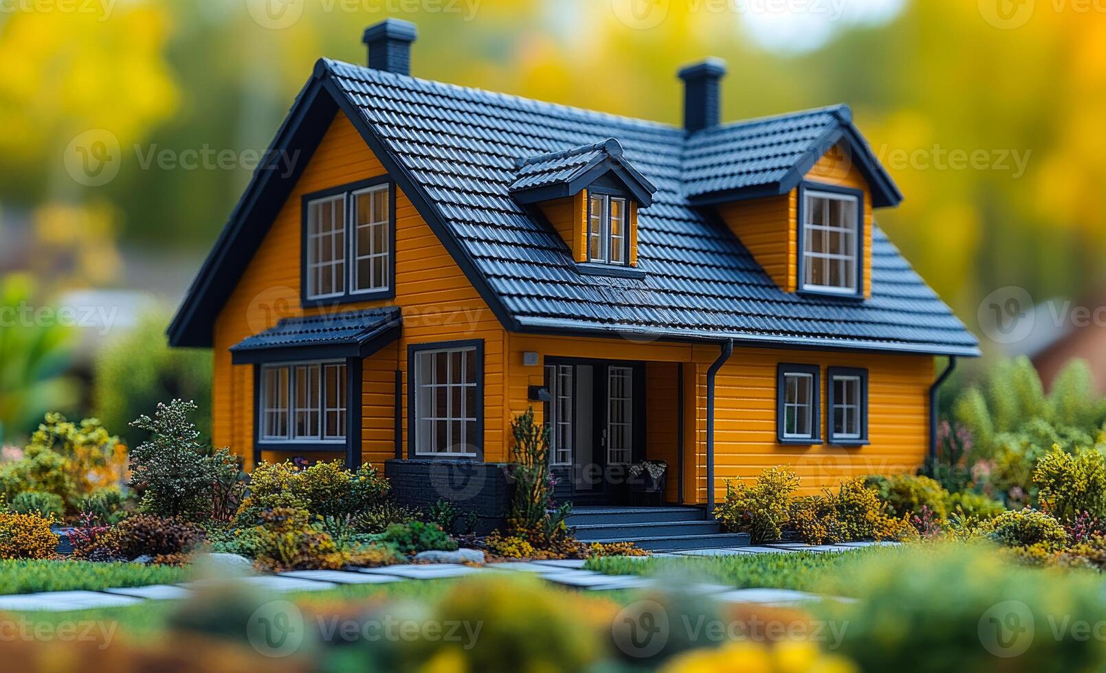 Orange house with garden path. A cozy orange house with a well-kept garden and pathway surrounded by trees during a sunny day in autumn. photo