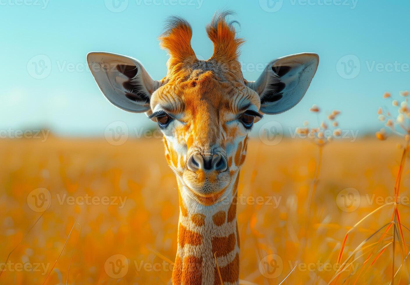 Giraffe in golden grass under blue sky. A giraffe stands tall in a field of golden grass, gazing into the distance under a clear blue sky. photo