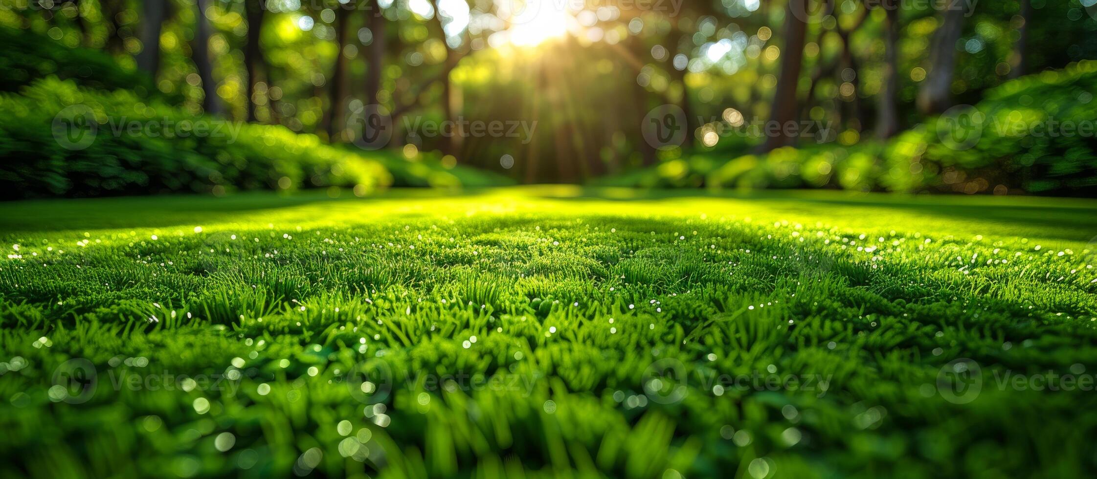 Lush green grass under sunlit trees. Sunlight filters through trees, illuminating vibrant green grass in a serene outdoor park setting. photo