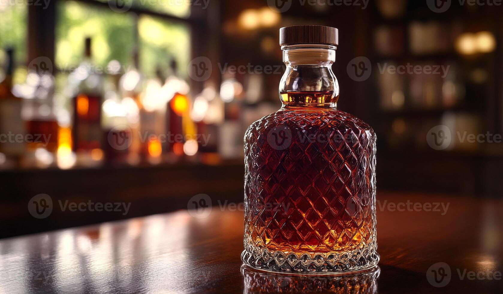 Elegant whiskey bottle in warm setting. A beautifully crafted whiskey bottle stands on a wooden table in a cozy, dimly lit room filled with shelves of spirits. photo