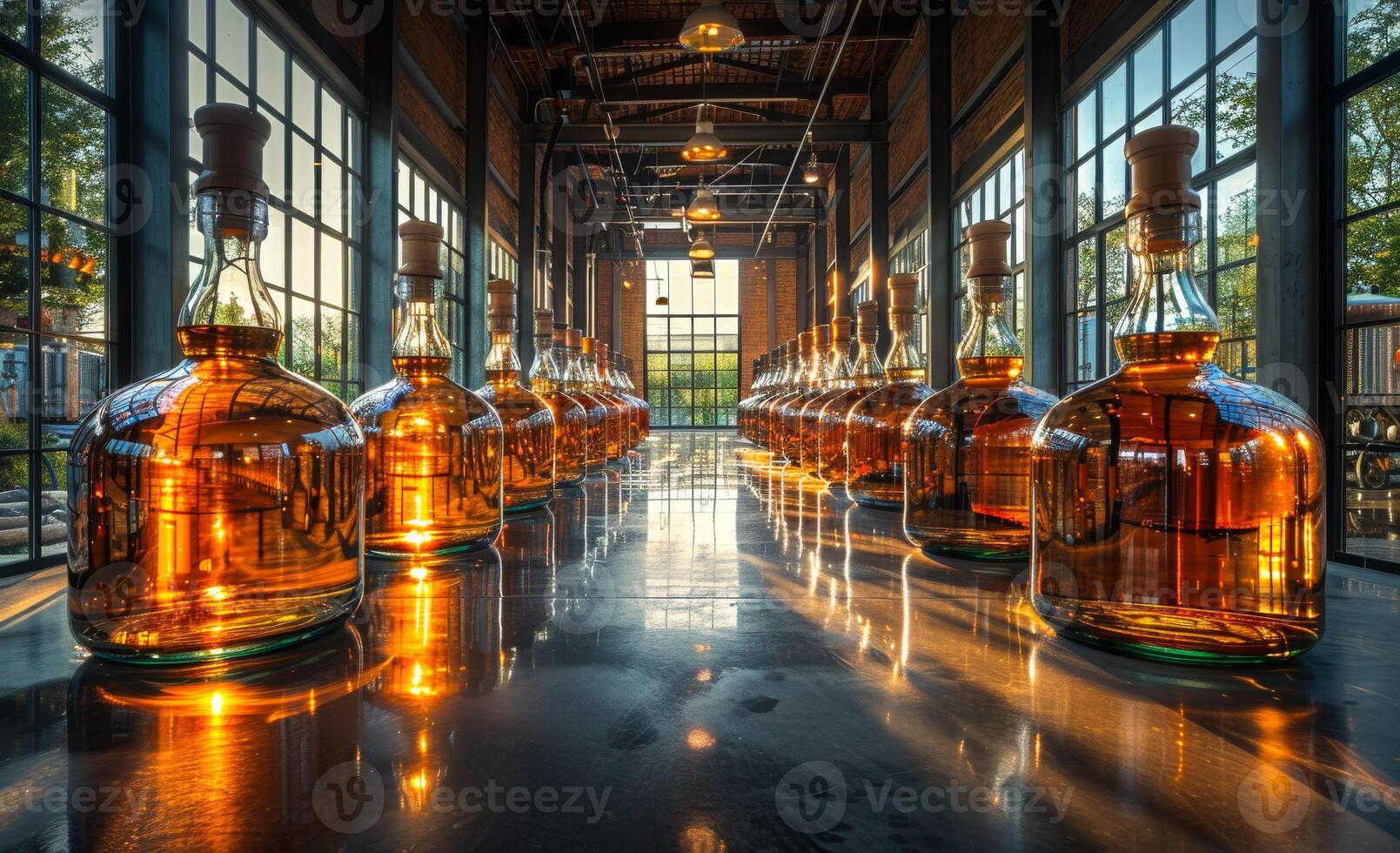 Amber liquid bottles in factory. Sunlight illuminates large amber bottles arranged in a stylish industrial space, showcasing rich tones and reflections. photo