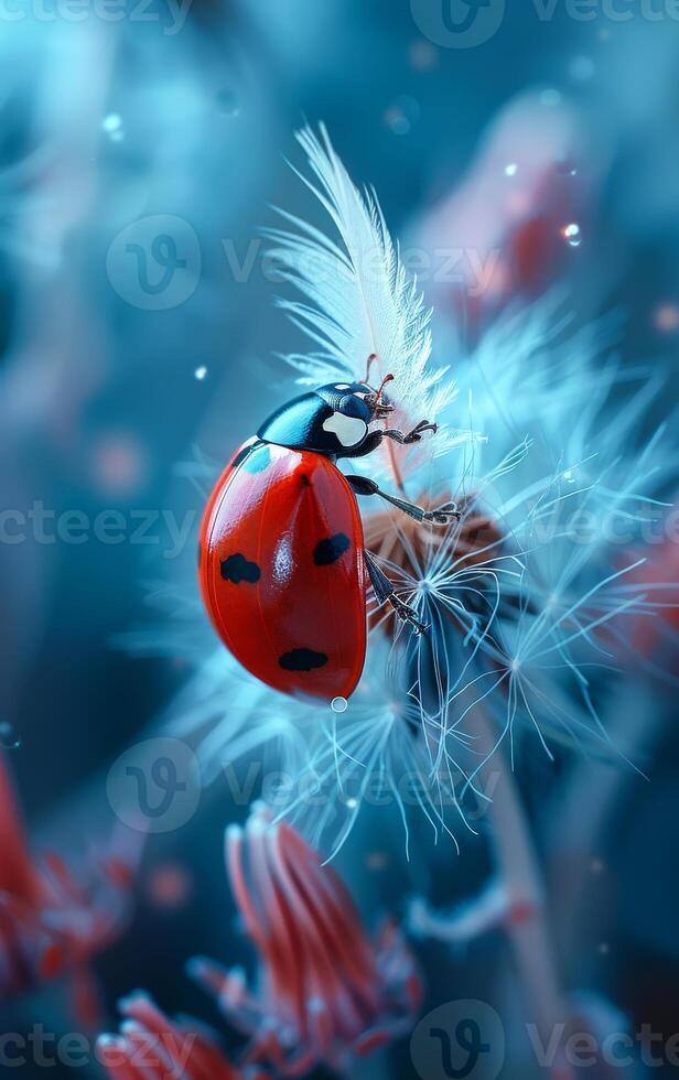 Ladybug on dandelion fluff. A vibrant red ladybug rests on delicate dandelion fluff in a serene setting, showcasing nature's beauty and tranquility. photo