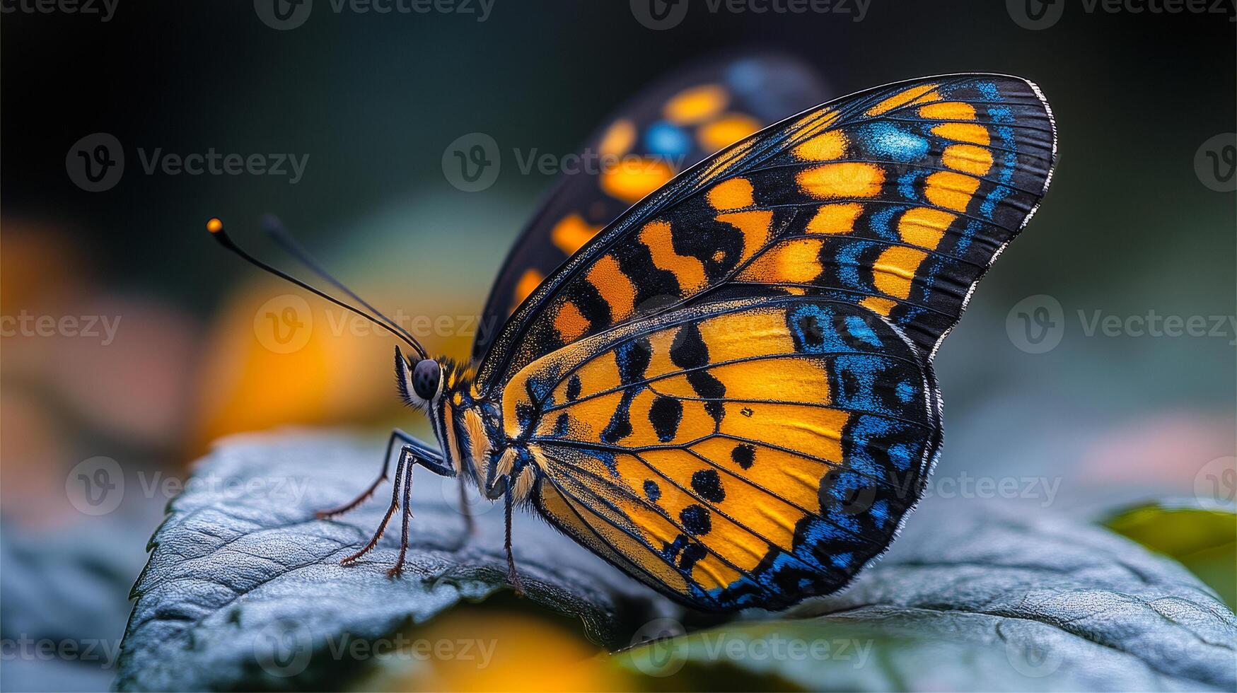 Vibrant butterfly resting on a leaf. A brightly colored butterfly with orange and blue wings rests on a green leaf in a natural setting during daylight. photo