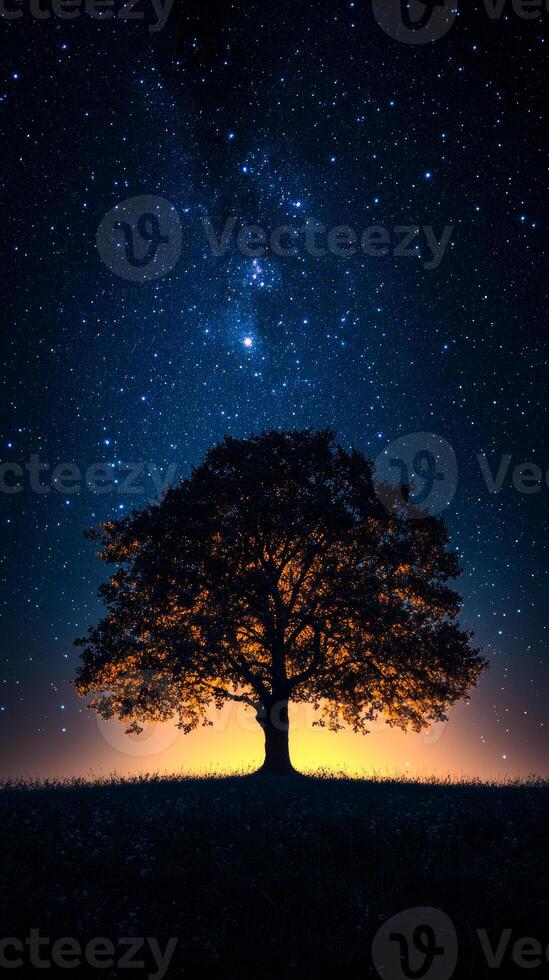 Tree silhouette against stars. A lone majestic tree stands against a vibrant starry night sky, creating a serene atmosphere. photo