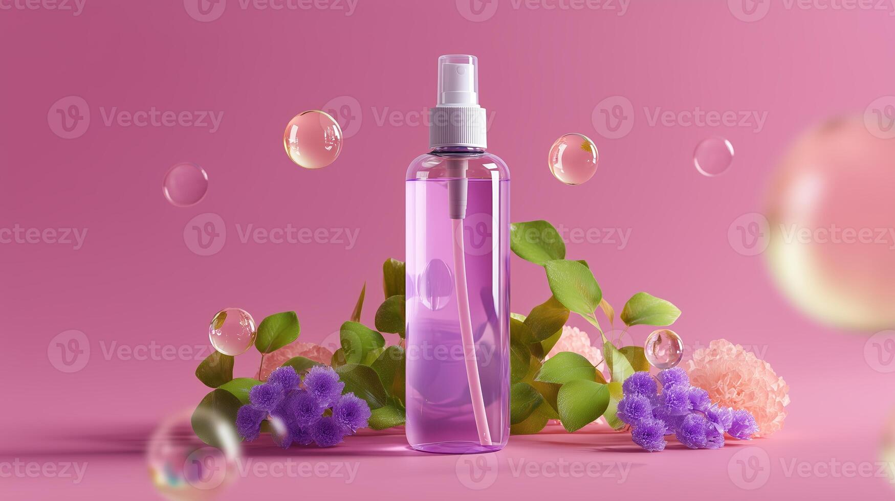 Elegant purple spray bottle surrounded by flowers and bubbles on a soft pink background creates a calming atmosphere photo