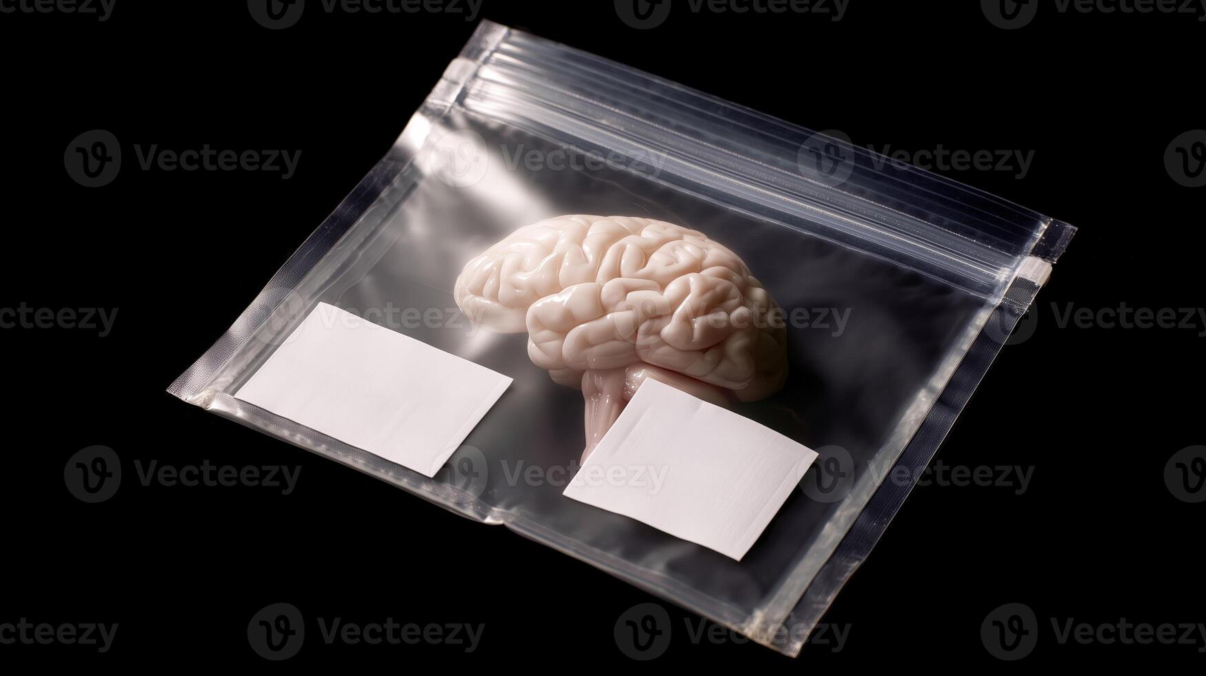 Detailed view of a preserved animal brain inside a clear plastic bag for educational use at a science exhibition photo