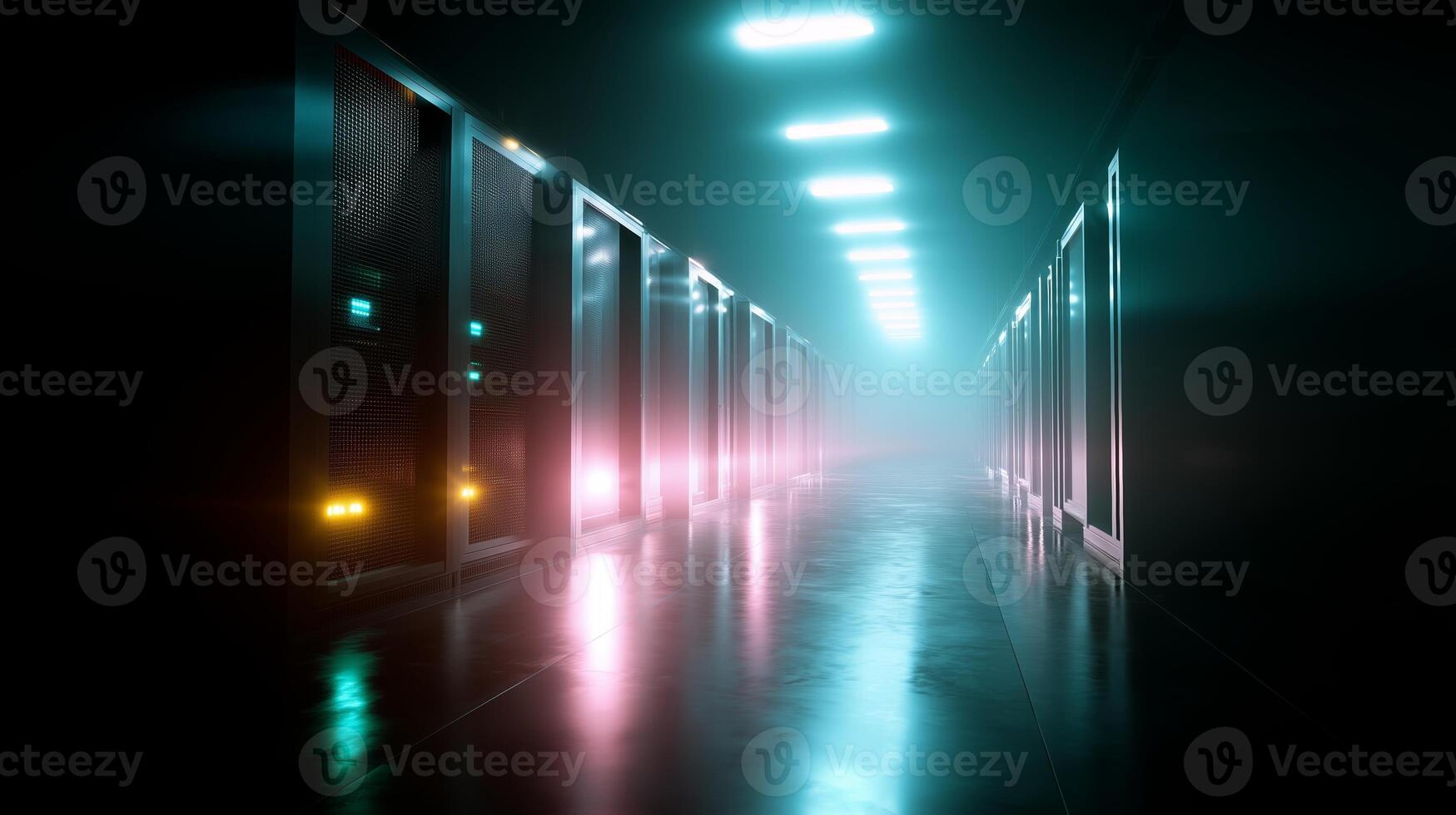 Lighting effects illuminate a corridor lined with high-tech server racks in a data center photo
