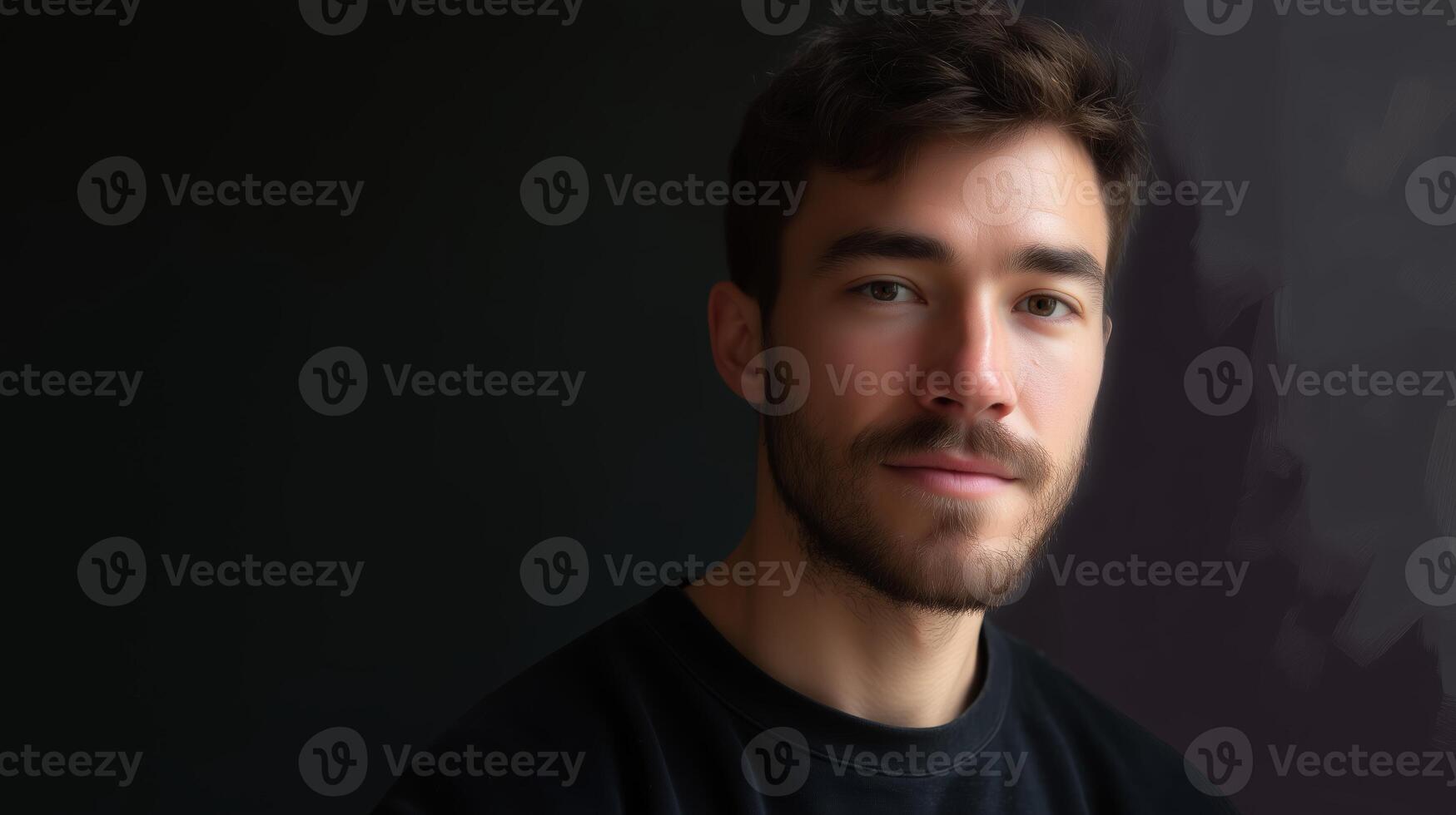 Young man with beard poses for a portrait against a dark background in a well-lit indoor setting photo