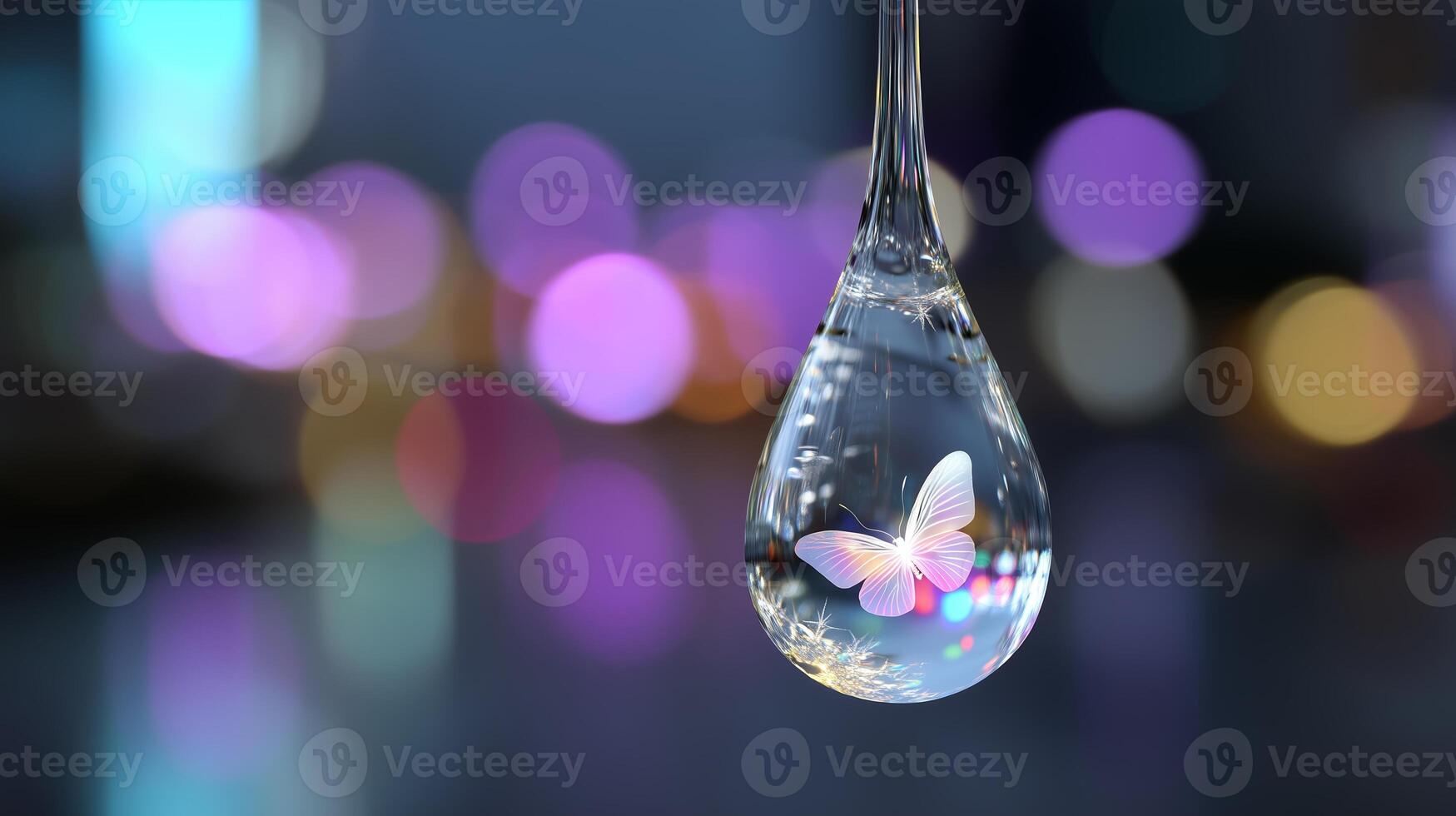 Delicate butterfly inside a water droplet shines beautifully in a colorful background at night photo