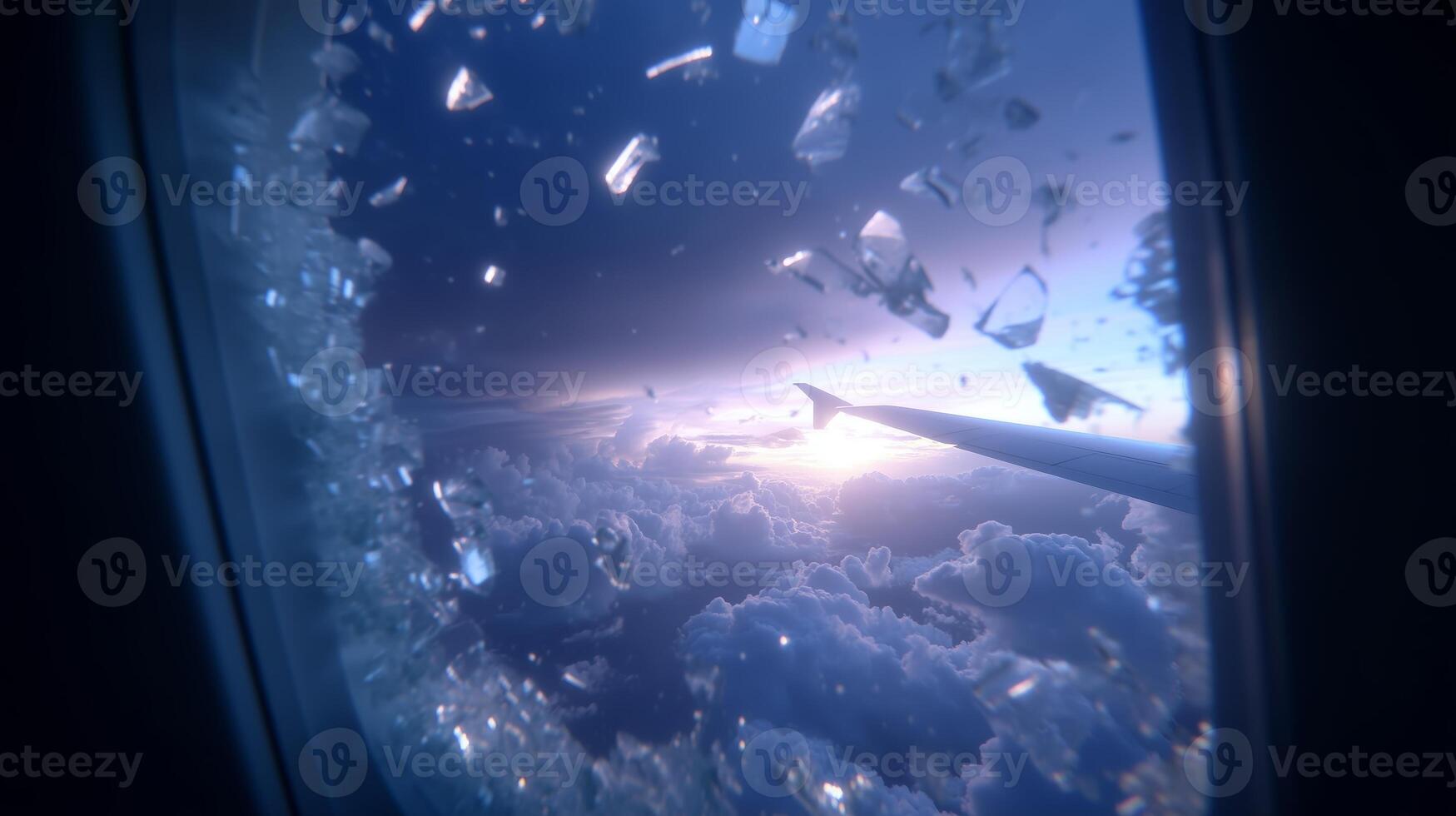 Dramatic view from an airplane window with shattered glass during sunset over clouds photo