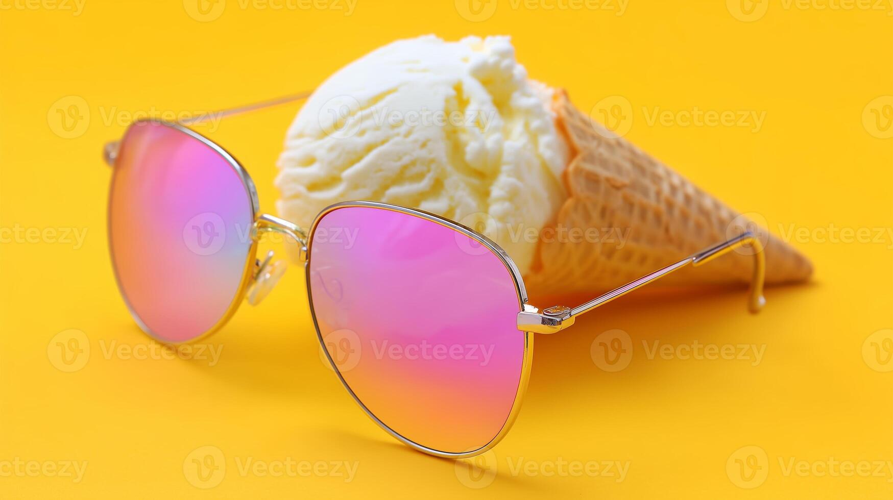Colorful sunglasses and ice cream cone on vibrant yellow background create a playful summer vibe photo