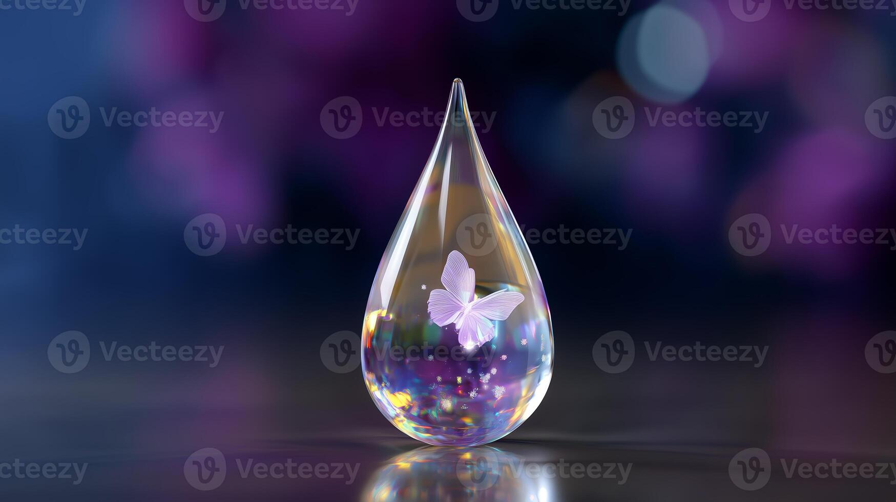 Delicate butterfly encased in a crystal droplet on a blurred colorful background photo