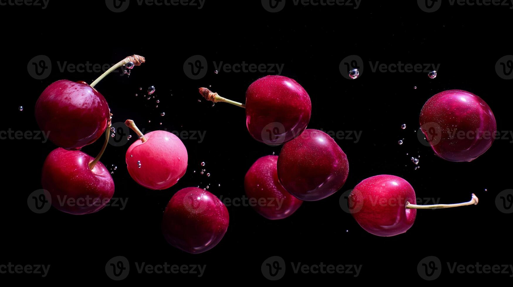 Fresh cherries splashing through water droplets in dark setting create a vibrant display of nature's sweetness photo