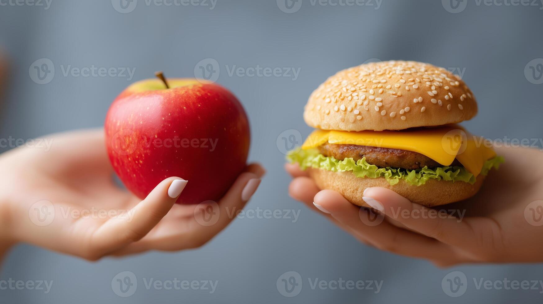 Comparing healthy eating choices with an apple in one hand and a cheeseburger in the other in a casual dining setting photo