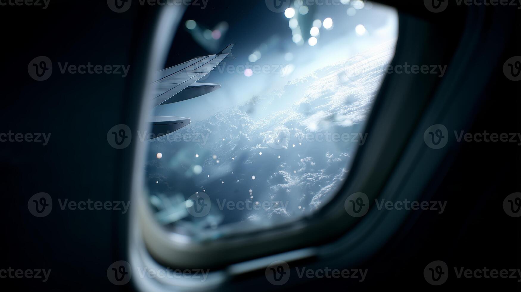 View of fluffy clouds and airplane wing against a serene blue sky from a window seat during flight photo