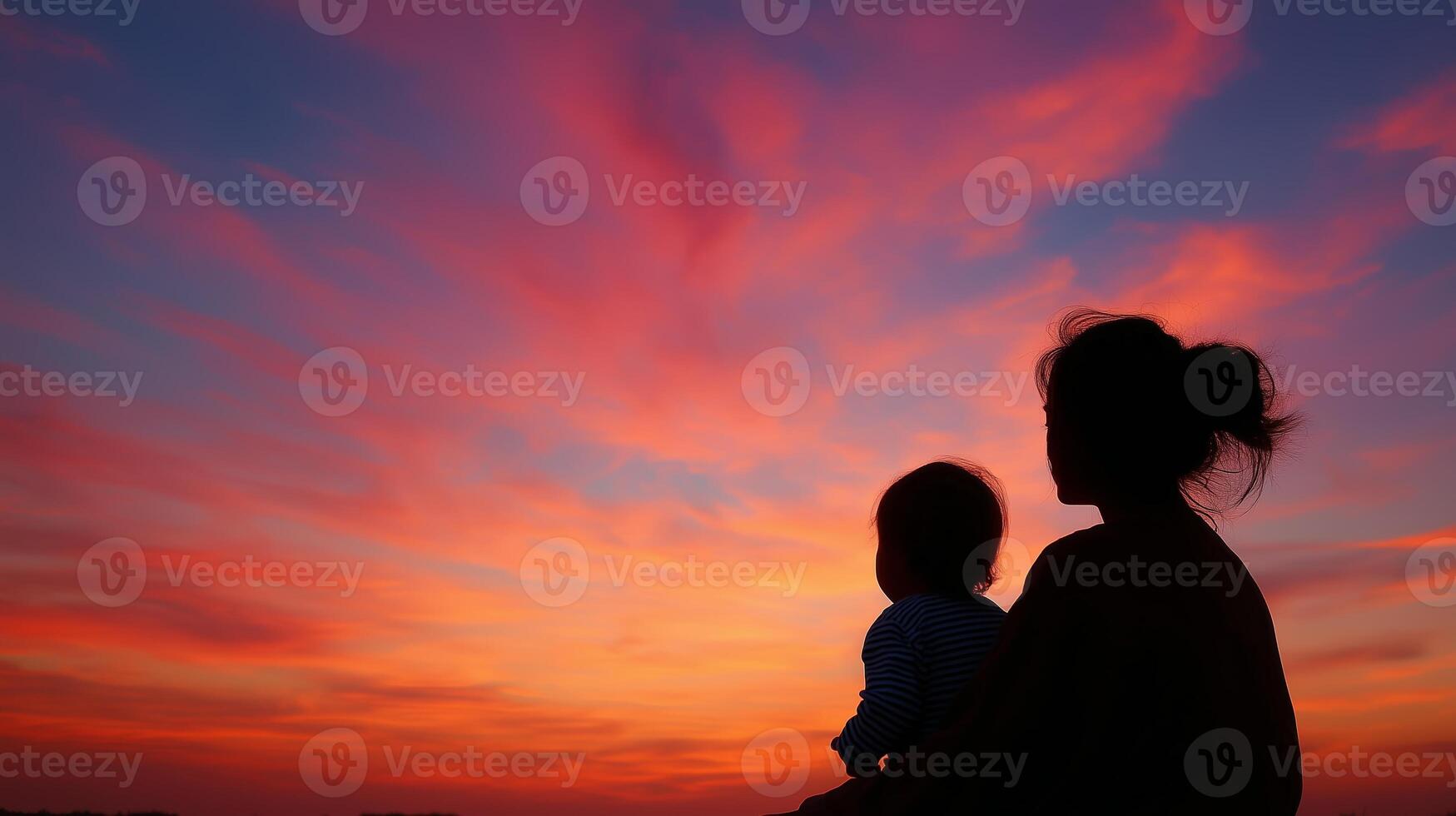 Mother holds child while watching a vibrant sunset at a serene outdoor location photo