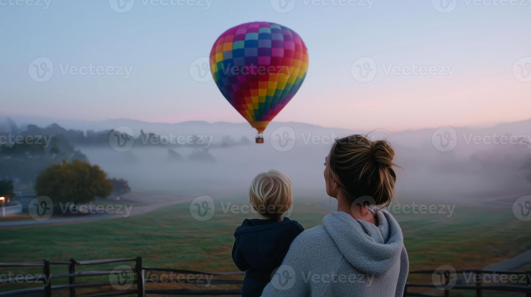 Mother and child enjoy colorful hot air balloon ride during misty dawn in serene landscape photo