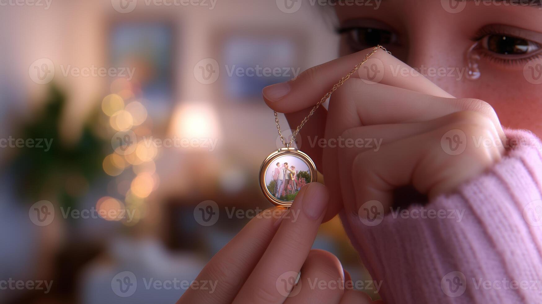 Woman holding a locket with a cherished family portrait, showcasing a moment of nostalgia and emotion during a cozy evening photo