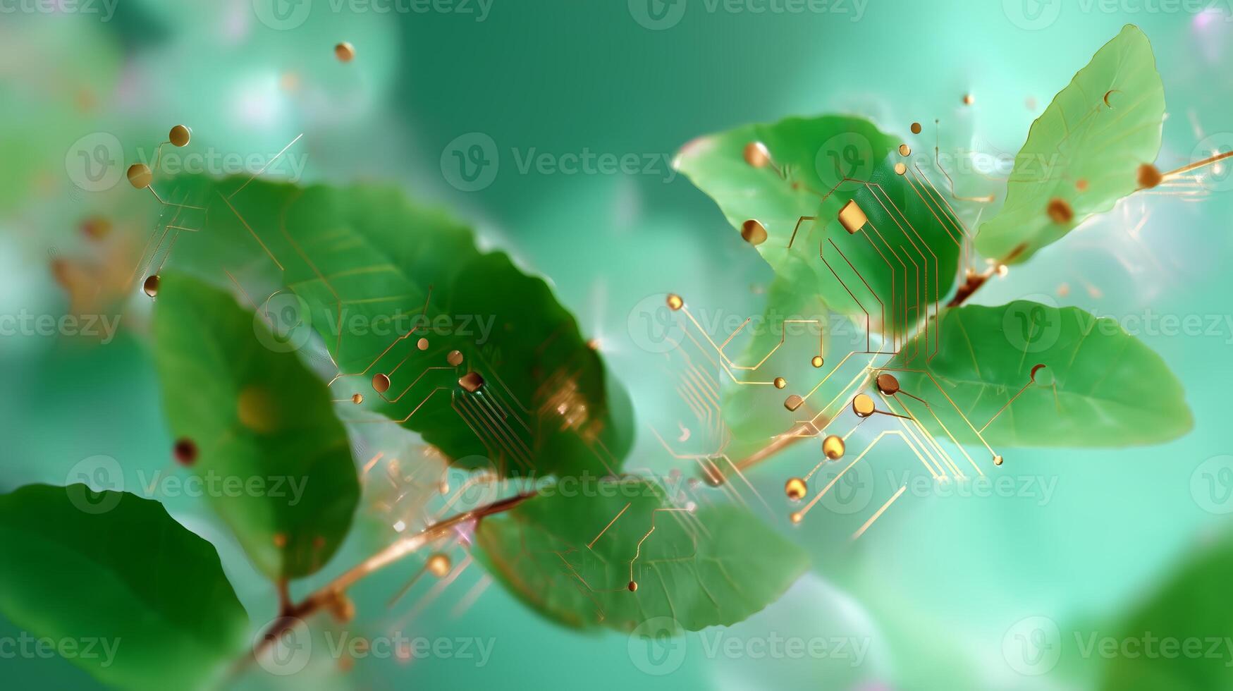 Green leaves intertwined with technology represent nature and innovation in a creative blend photo