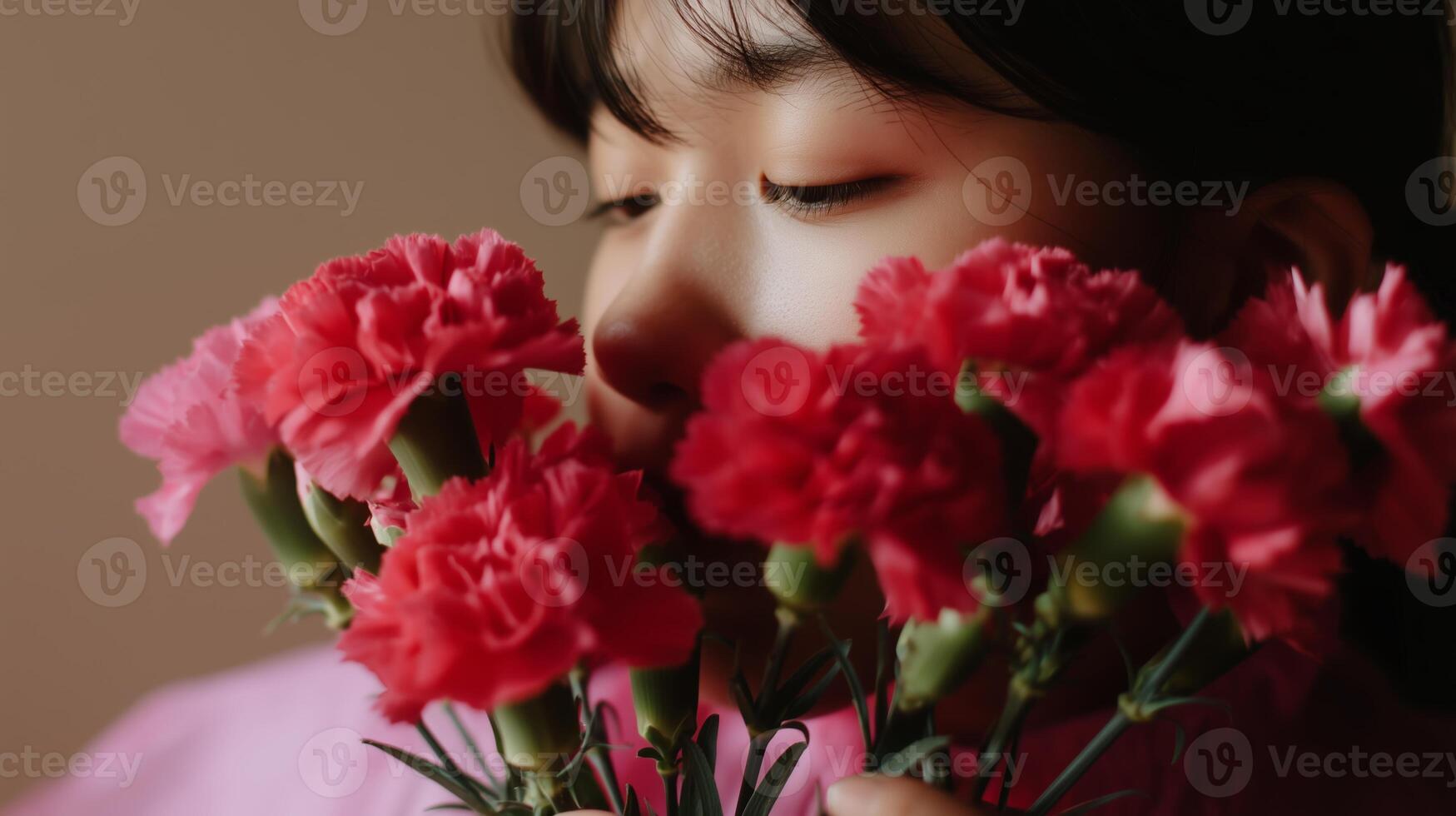 Young woman enjoys vibrant red carnations while posing with a thoughtful expression in a soft-lit room photo