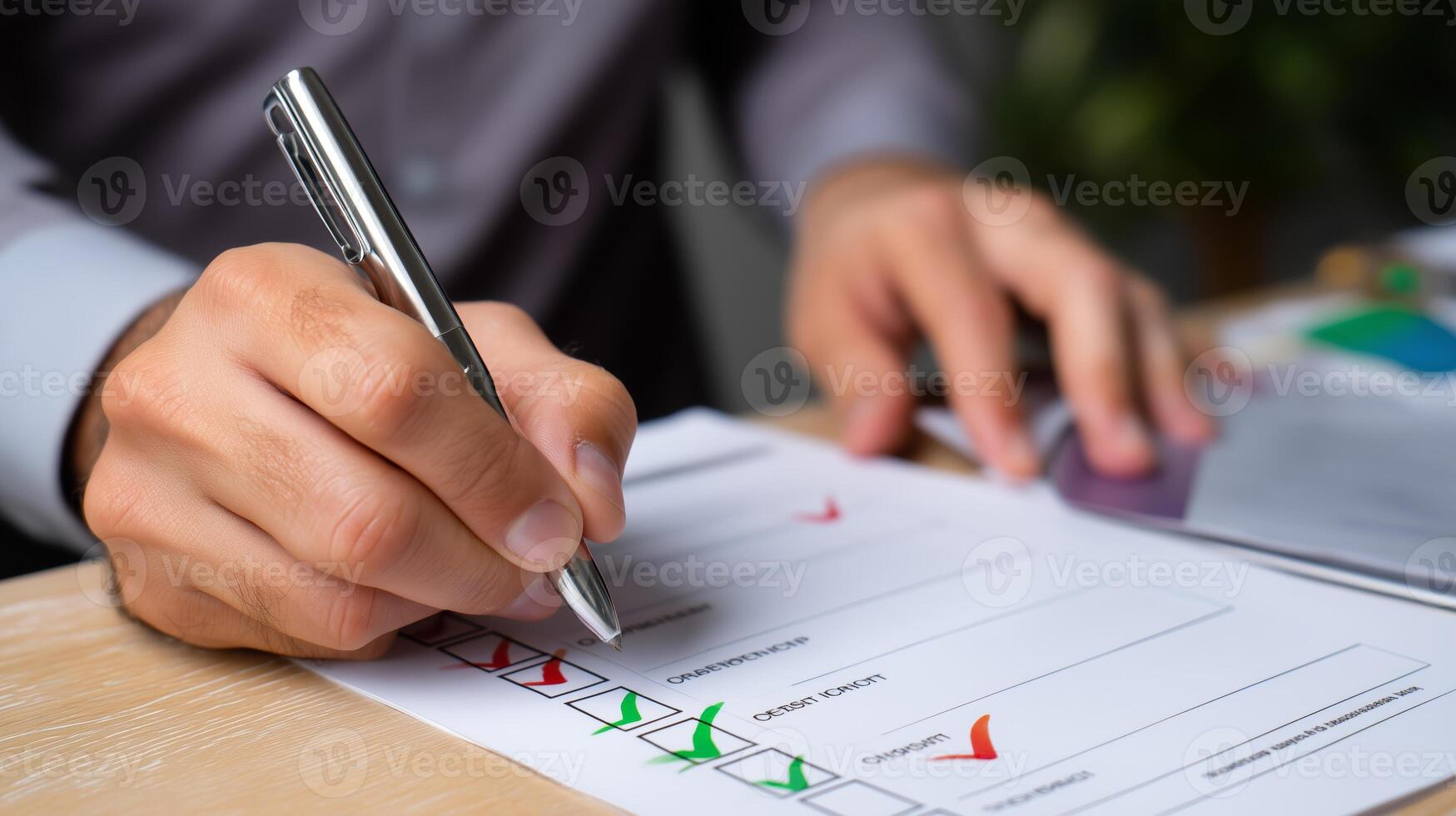 Individual completes a checklist for project tasks in an office setting during daytime hours photo