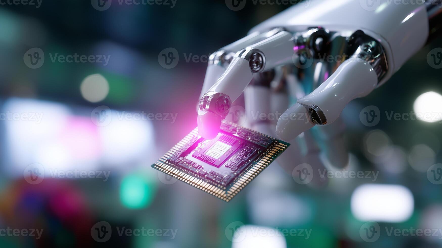 Robot hand holding microchip with glowing lights during a technology exhibition photo