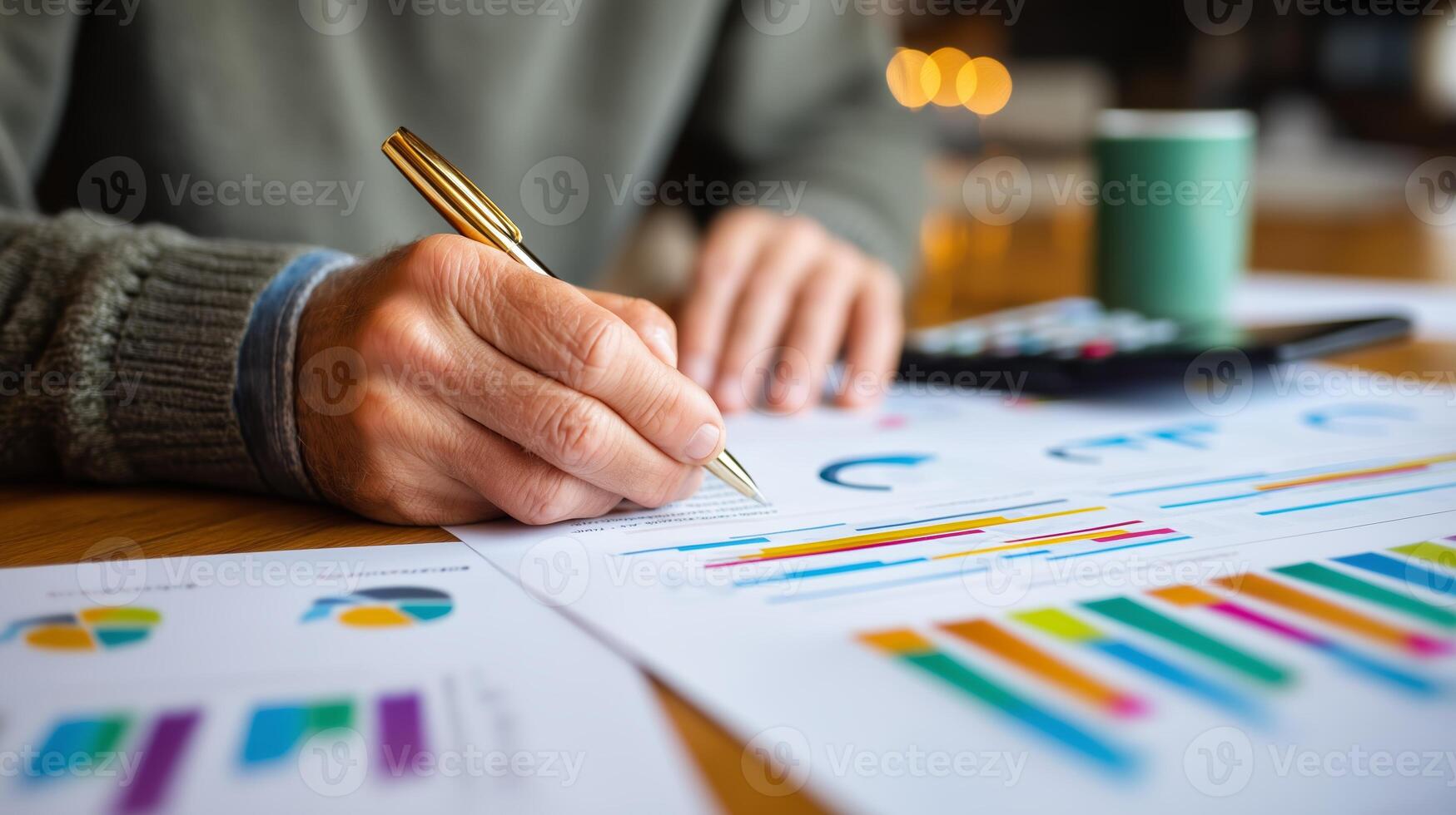 Person analyzing graphs and charts while taking notes at a wooden table with a calculator and coffee photo