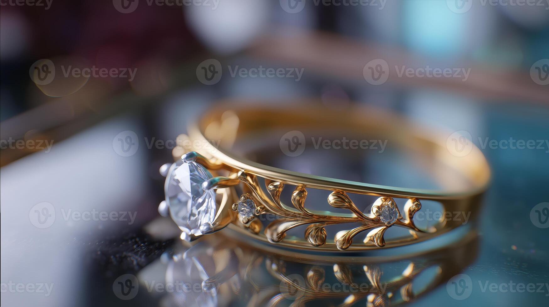 Golden ring with intricate leaf design and central gemstone displayed elegantly on reflective surface in soft lighting photo