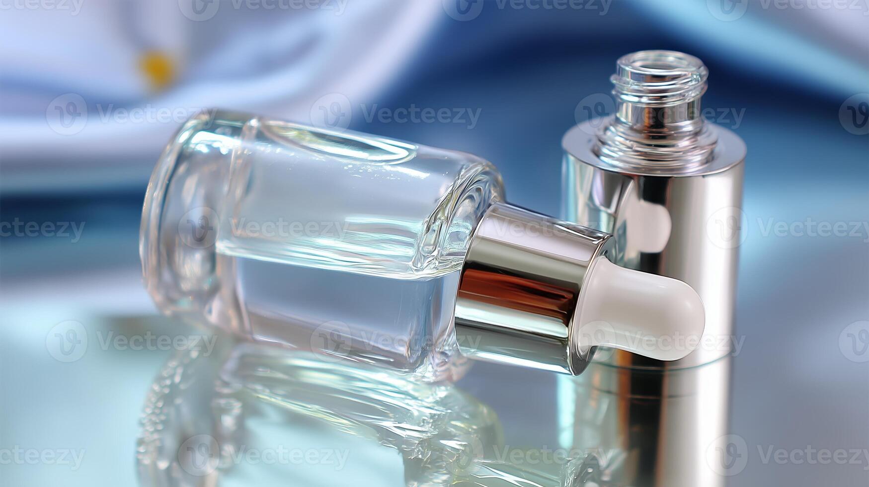 Luxury clear serum bottle with dropper on reflective surface and soft textile background photo