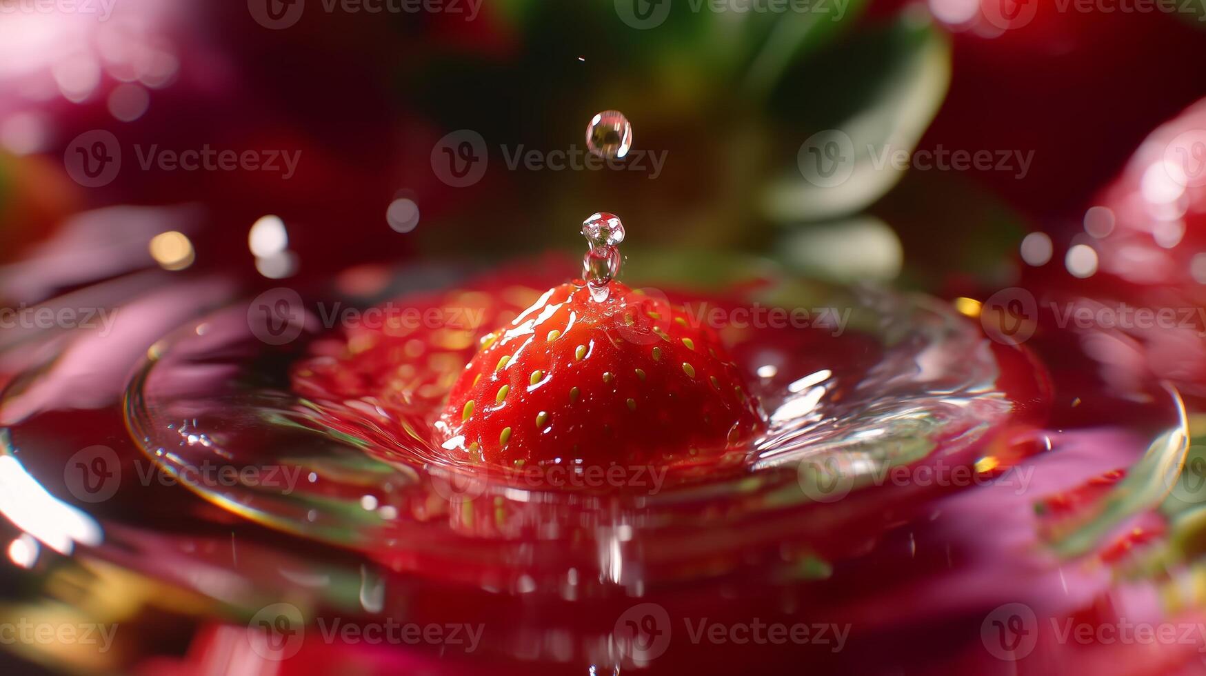 Strawberry creates splash in fresh water during bright afternoon, showcasing vibrant colors and texture photo