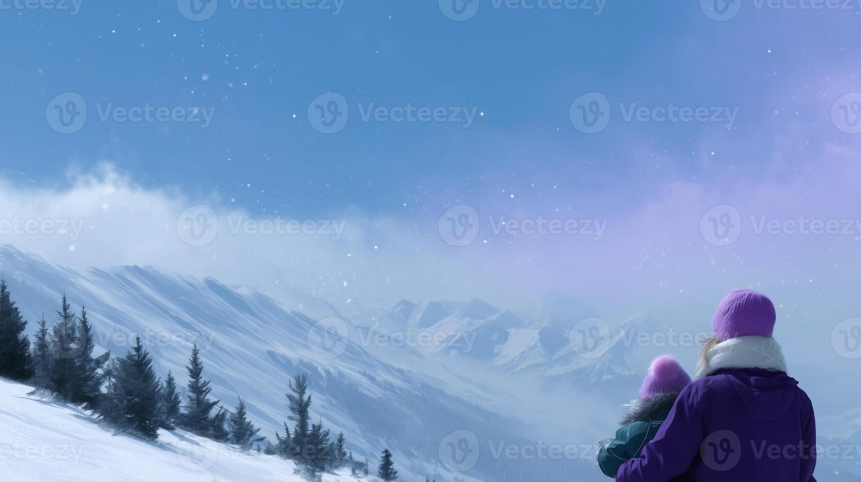 Family enjoys a snowy mountain day while taking in the breathtaking winter landscape under a clear blue sky photo