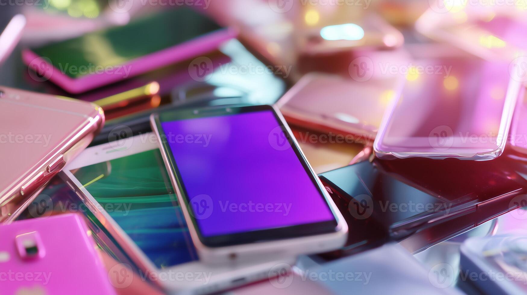 Pile of smartphones in various colors on a table showcasing modern technology and design in a vibrant setting photo