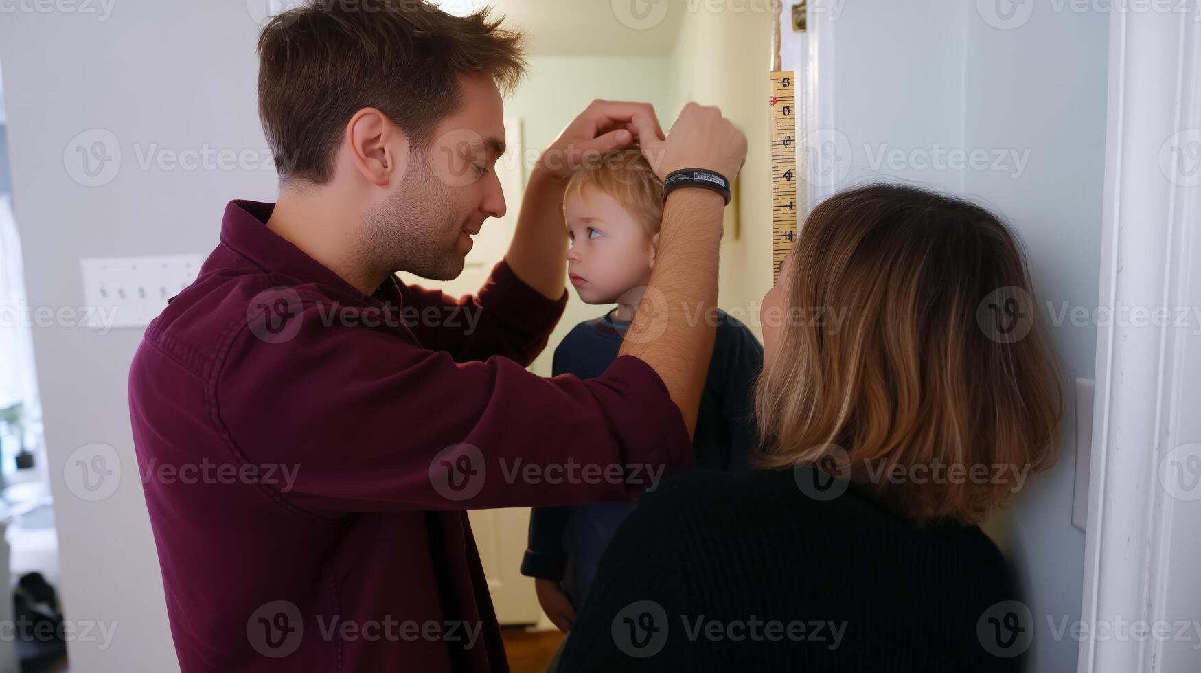 Parent gently styles toddler's hair while assisting in a cozy home environment on a bright morning photo