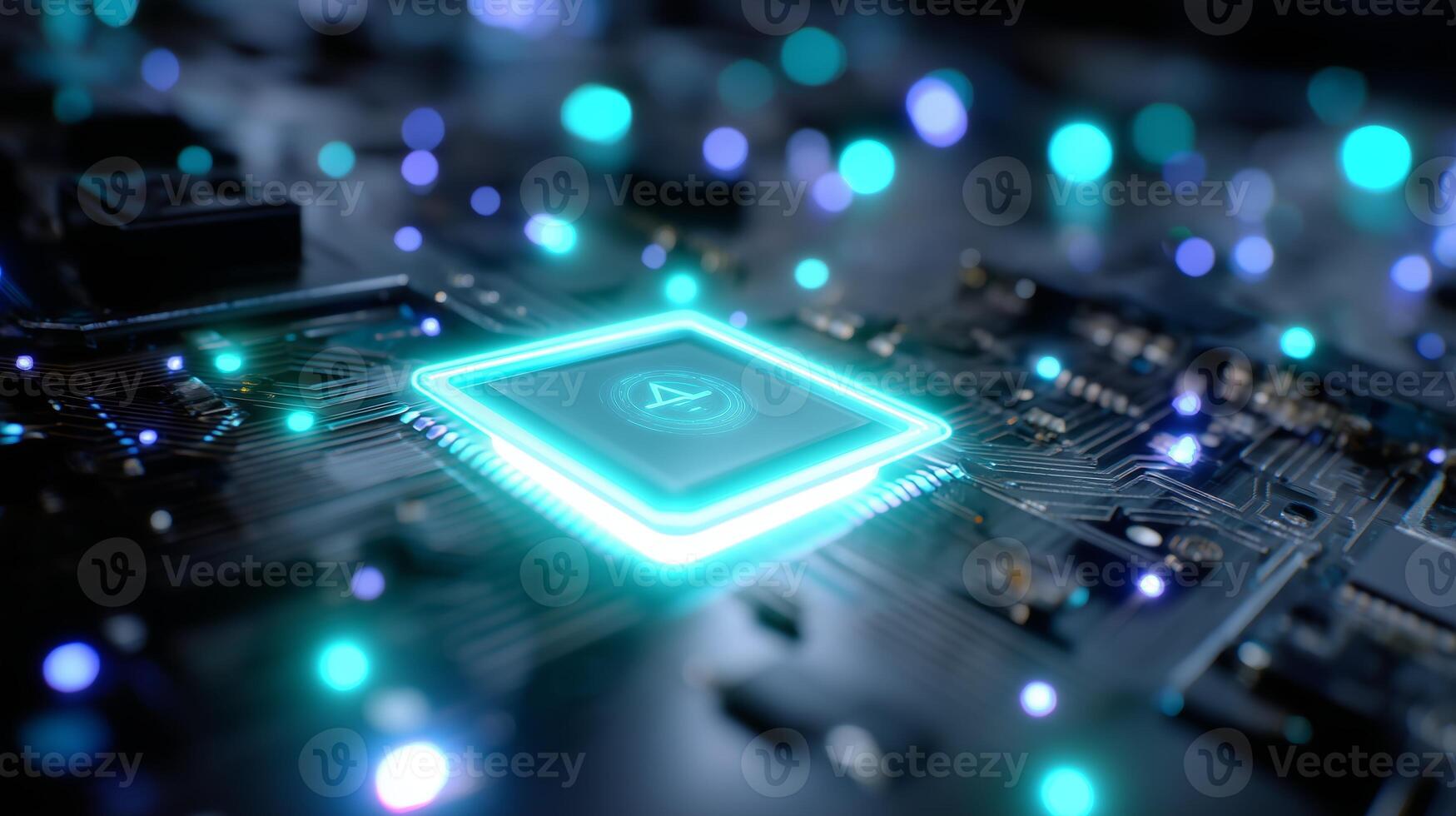 Exploring the intricate details of a modern circuit board with glowing components and a bright processor at night photo