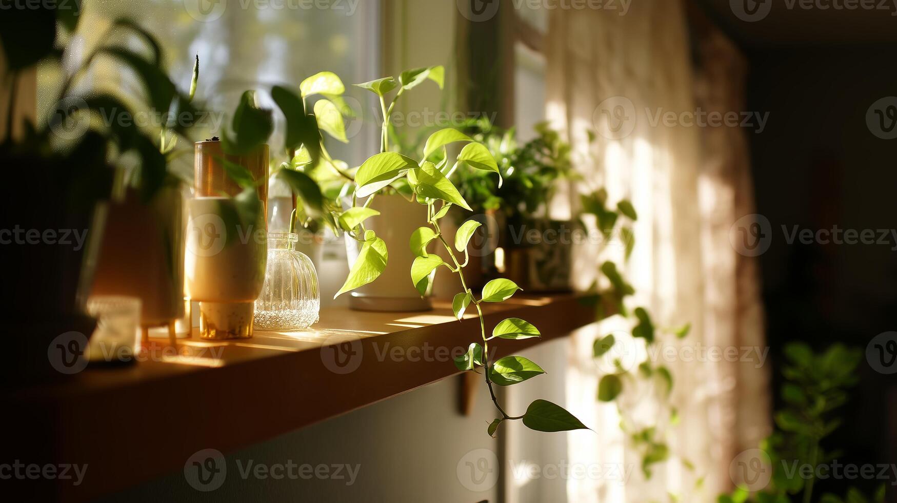 Warm sunlight illuminates a shelf filled with vibrant green plants in a cozy indoor space photo