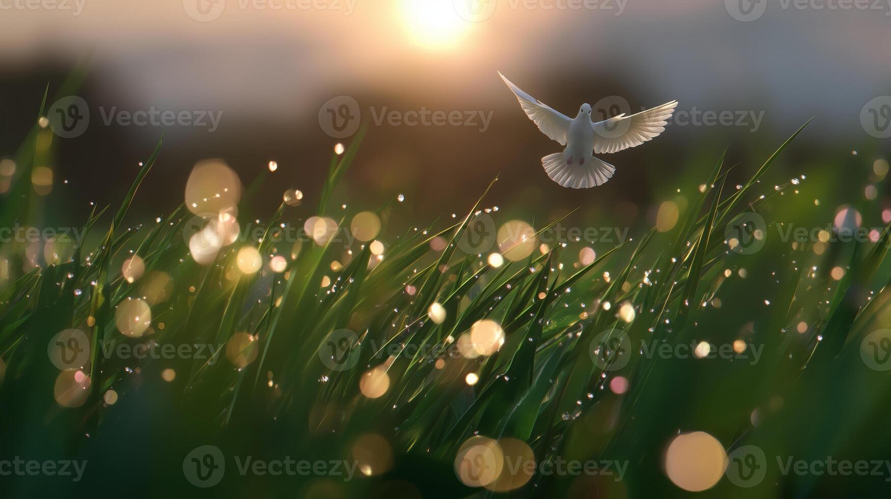 Dove soaring above dew-kissed grass during sunrise in a tranquil field photo