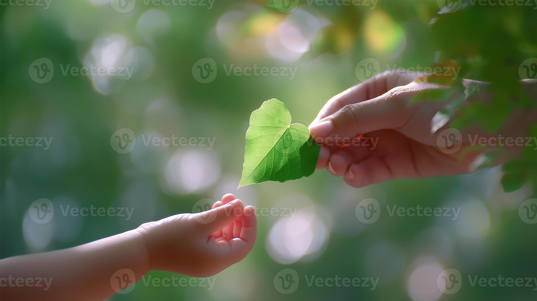 Nature connection between adult and child through a heart-shaped leaf in a lush green setting during daytime photo