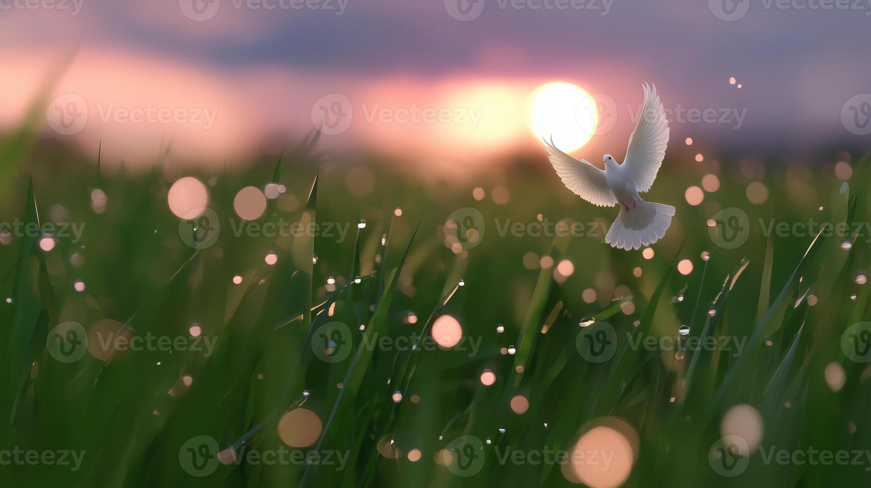 White dove flying over a grassy field during sunset with soft light bokeh effect photo