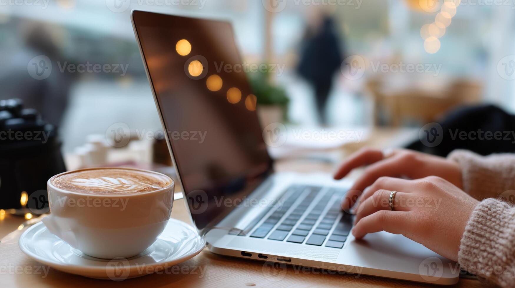 Cozy cafe setting with a person typing on a laptop while enjoying a cup of coffee during a chilly afternoon photo