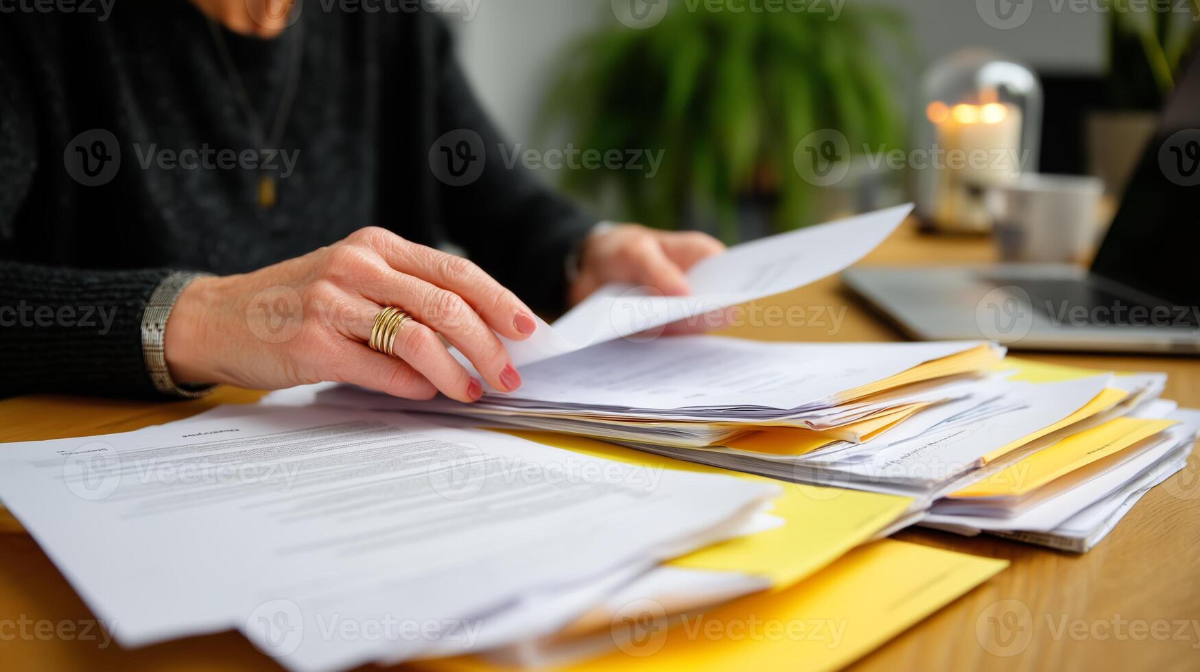 Organizing important documents on a desk during the afternoon in a cozy workspace photo