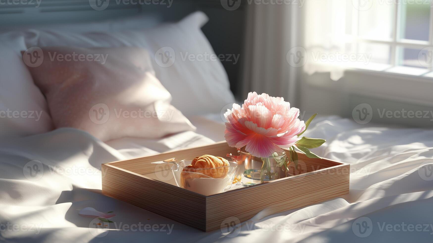 Morning tray with fresh croissant and peony flower on cozy bed in sunlit room at home photo