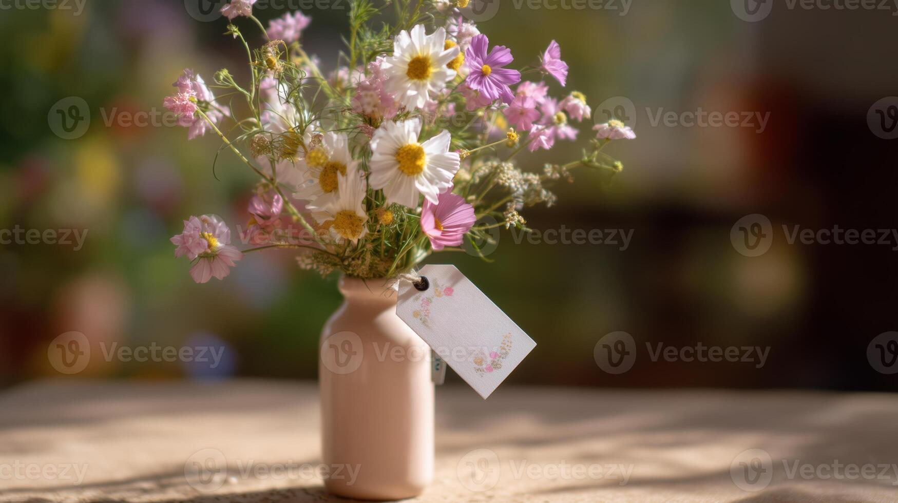 Freshly arranged wildflowers in a small vase on a rustic table in soft afternoon light photo
