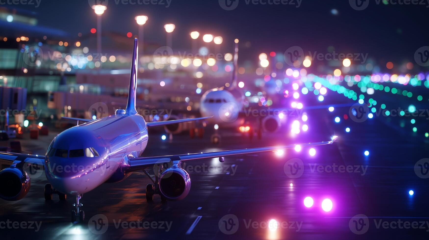 Busy airport runway at night with illuminated aircraft and vibrant lighting effects photo