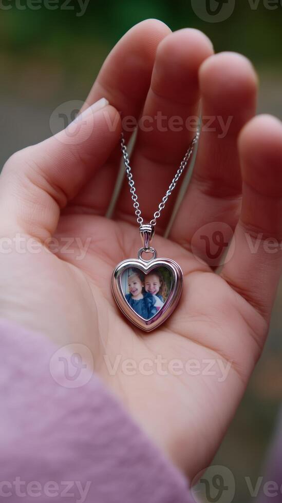 Heart-shaped necklace held in hand featuring pictures of two children on a silver chain in a serene outdoor setting photo