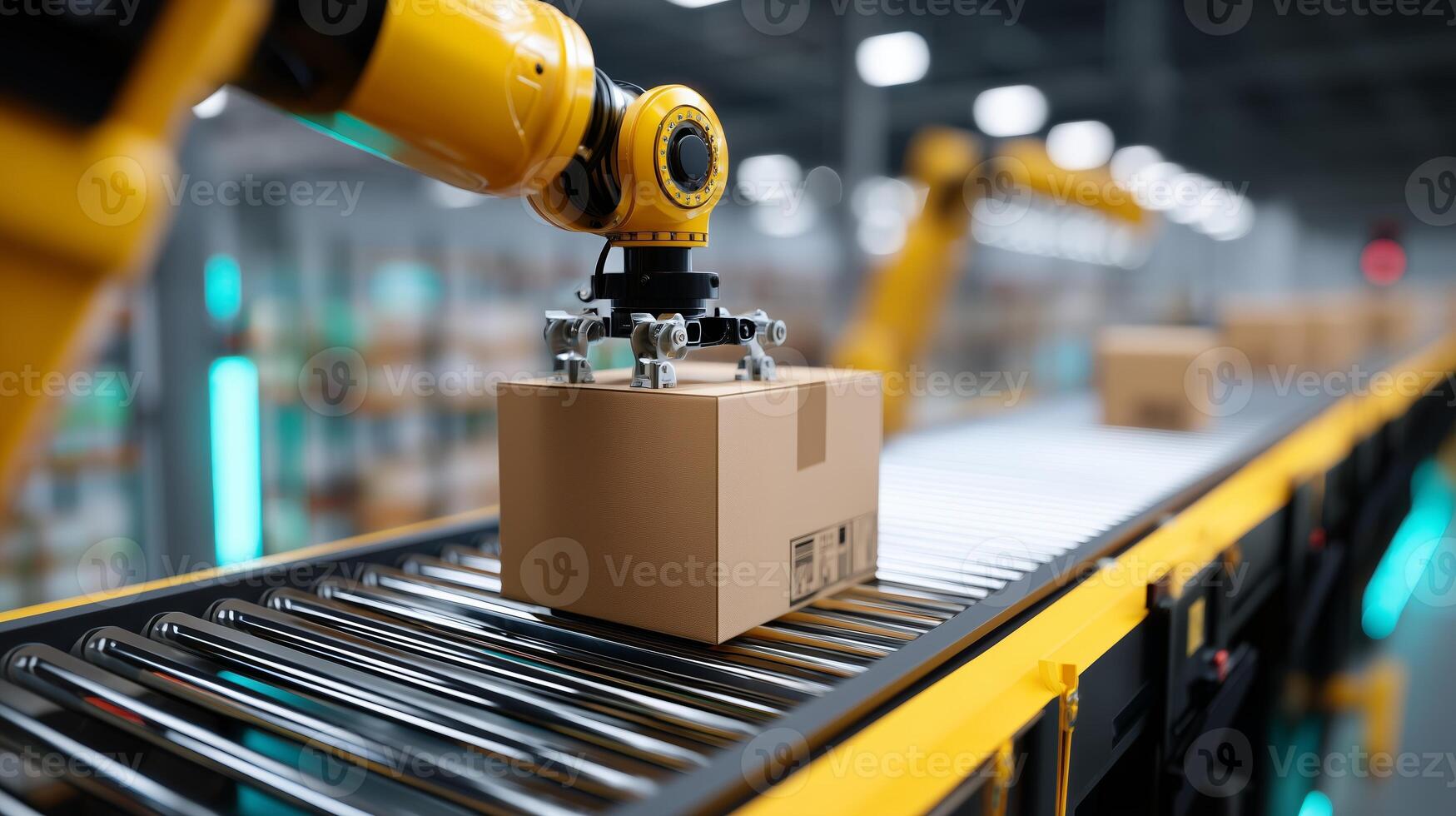 Robotic arm handling cardboard box on conveyor belt in modern warehouse during daytime photo