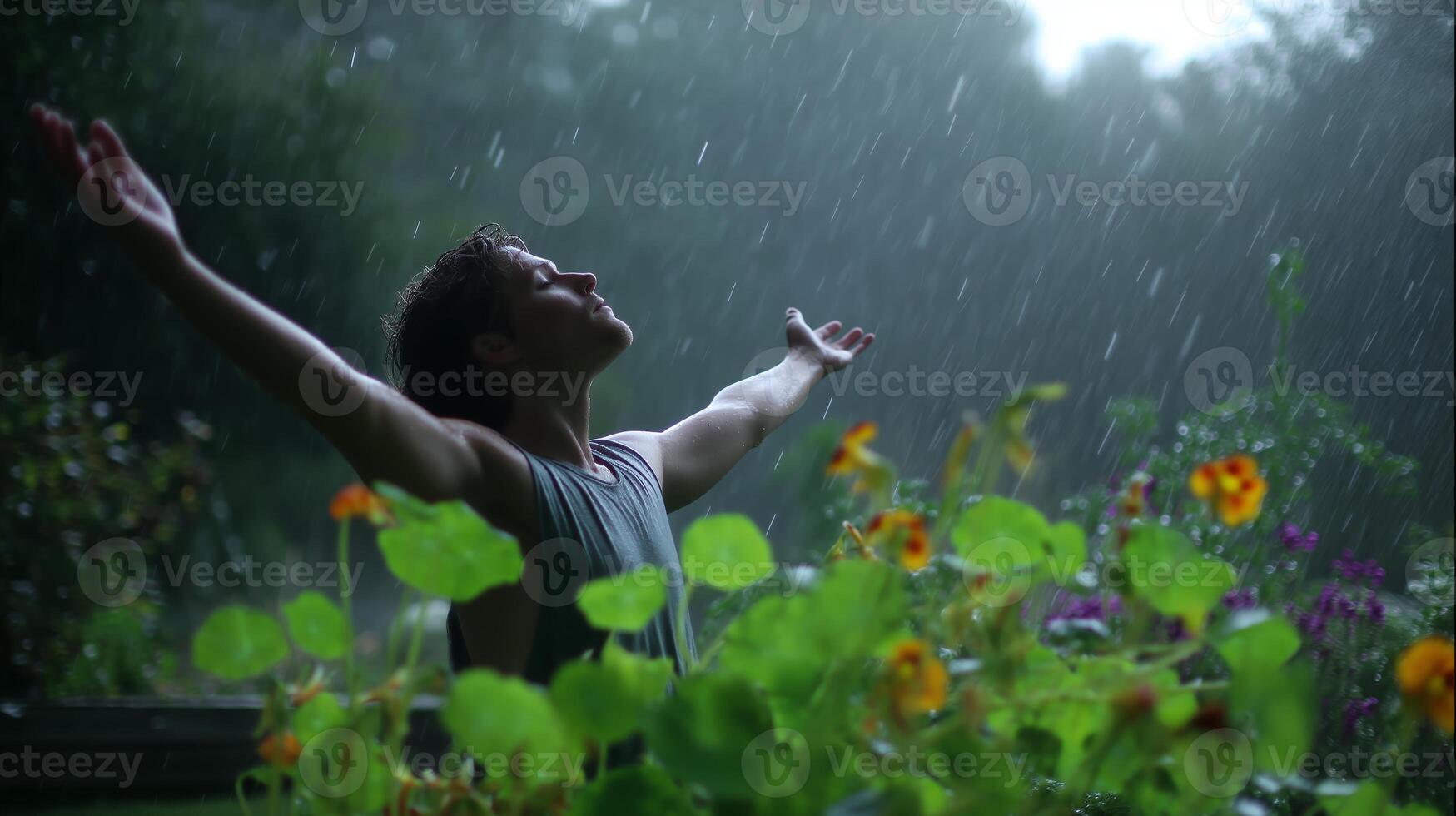 Young man enjoys the rain while surrounded by vibrant flowers in a garden at dusk photo