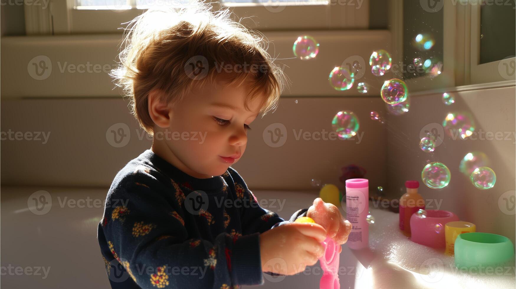 Child enjoys a sunny afternoon creating bubbles in a bright bathroom filled with colorful toys and soap photo