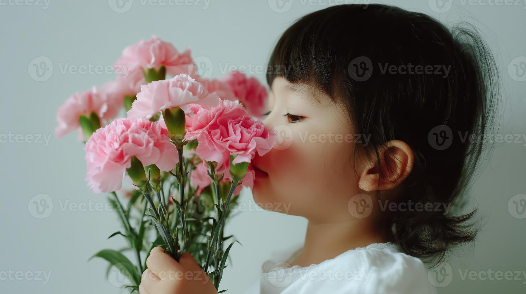 Child enjoys the scent of pink carnations in a serene indoor setting during daylight hours photo